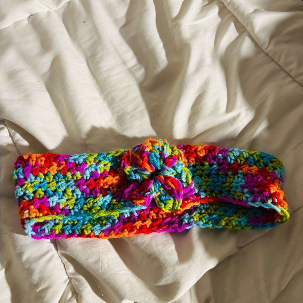 HANDMADE Colorful Knit Headband with Flower, See Measurements